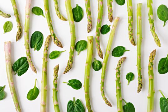 Background from isolated on white background asparagus. top view