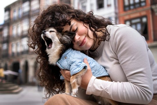Medium shot woman with cute  chihuahua dog