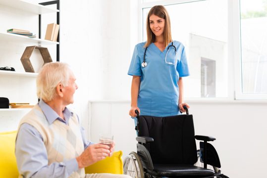 Nurse coming with a wheelchair