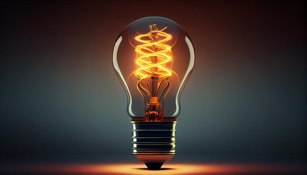 Glowing light bulb fuels ideas of innovation generated by ai