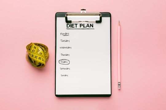 Meal planning clipboard and food arrangement