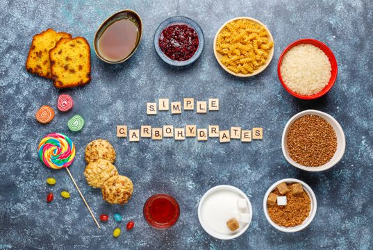 Assortment of simple carbohydrates food on light table