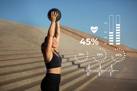 Side view woman doing sport with stats