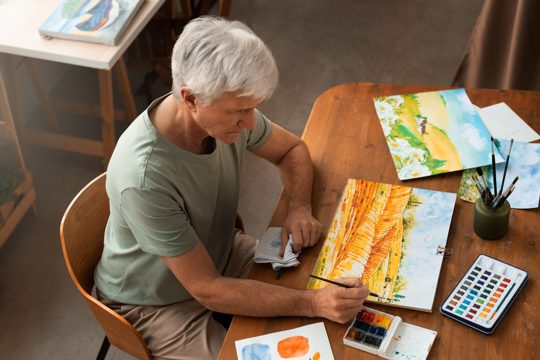 Senior artist in the studio painting with watercolor