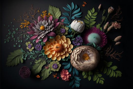 Assortment of leaves and flowers on dark background