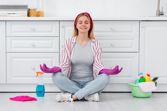 Cleaning woman on break from cleaning