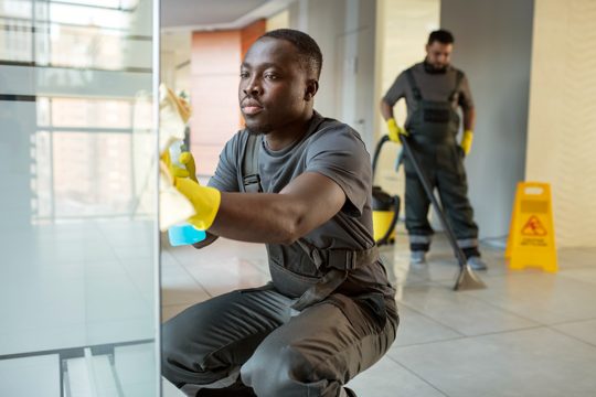 Full shot men cleaning office