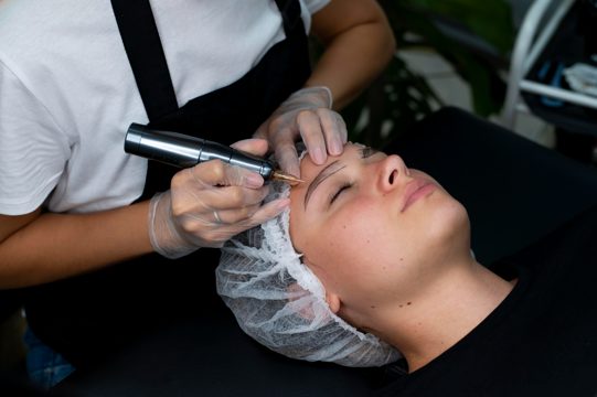 Beautician doing a microblading procedure on a woman at a beauty salon