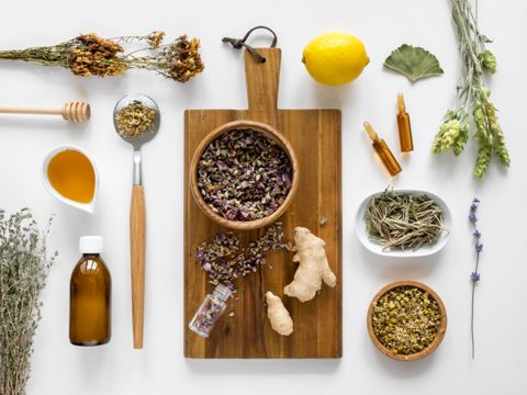 Flat lay of herbs and spices for medicinal purpose