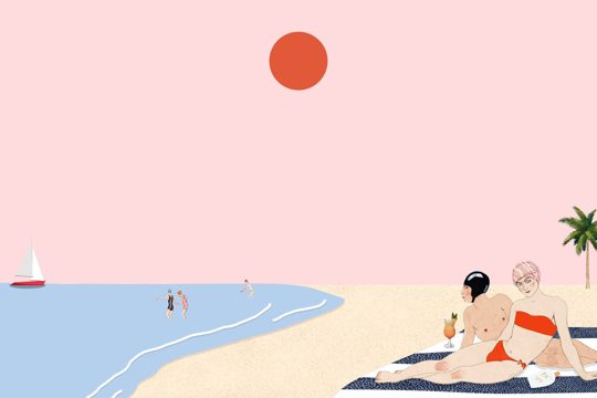 Beach background with people sunbathing, remixed from artworks by george barbier