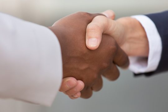 Closeup of diverse business colleagues handshake