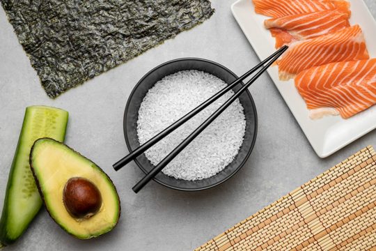 Flat lay raw salmon and avocado