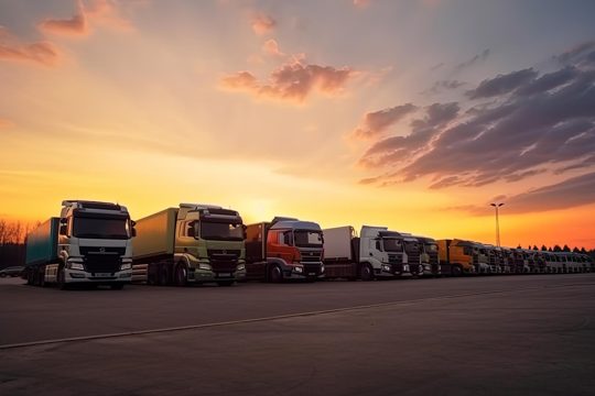 Many transport trucks parked at a service station at sunset ai generative