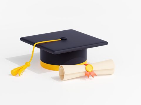 Student graduation cap and diploma scroll